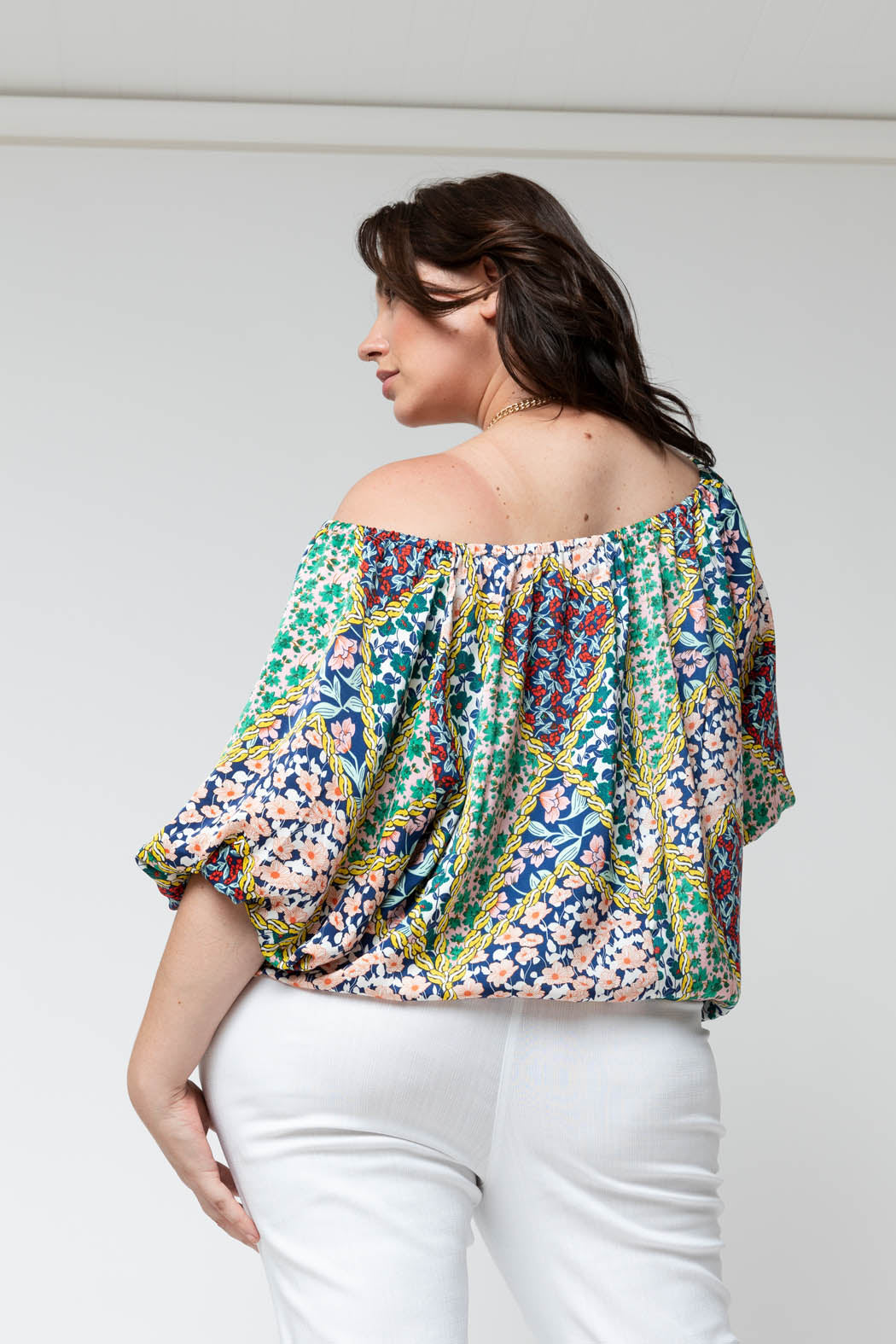 Floral Patchwork Silky Off Shoulder Top - Sale