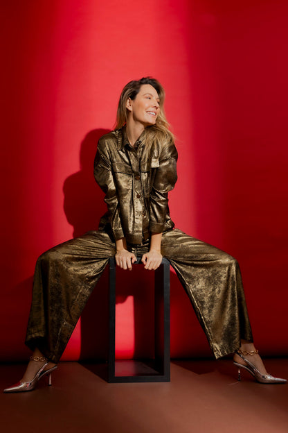 Gold Liquid Lame Cargo Pants