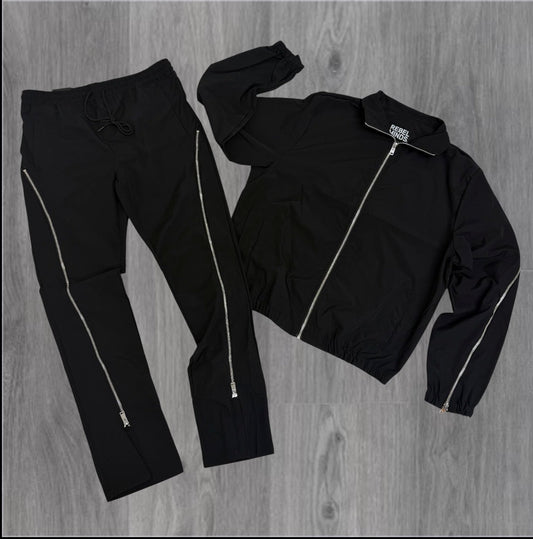 Rebel - SET - Flare Zipper Windbreaker Pants & Jackets - Black - 401501