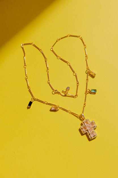 Gold Mini Cross Necklace - Pink