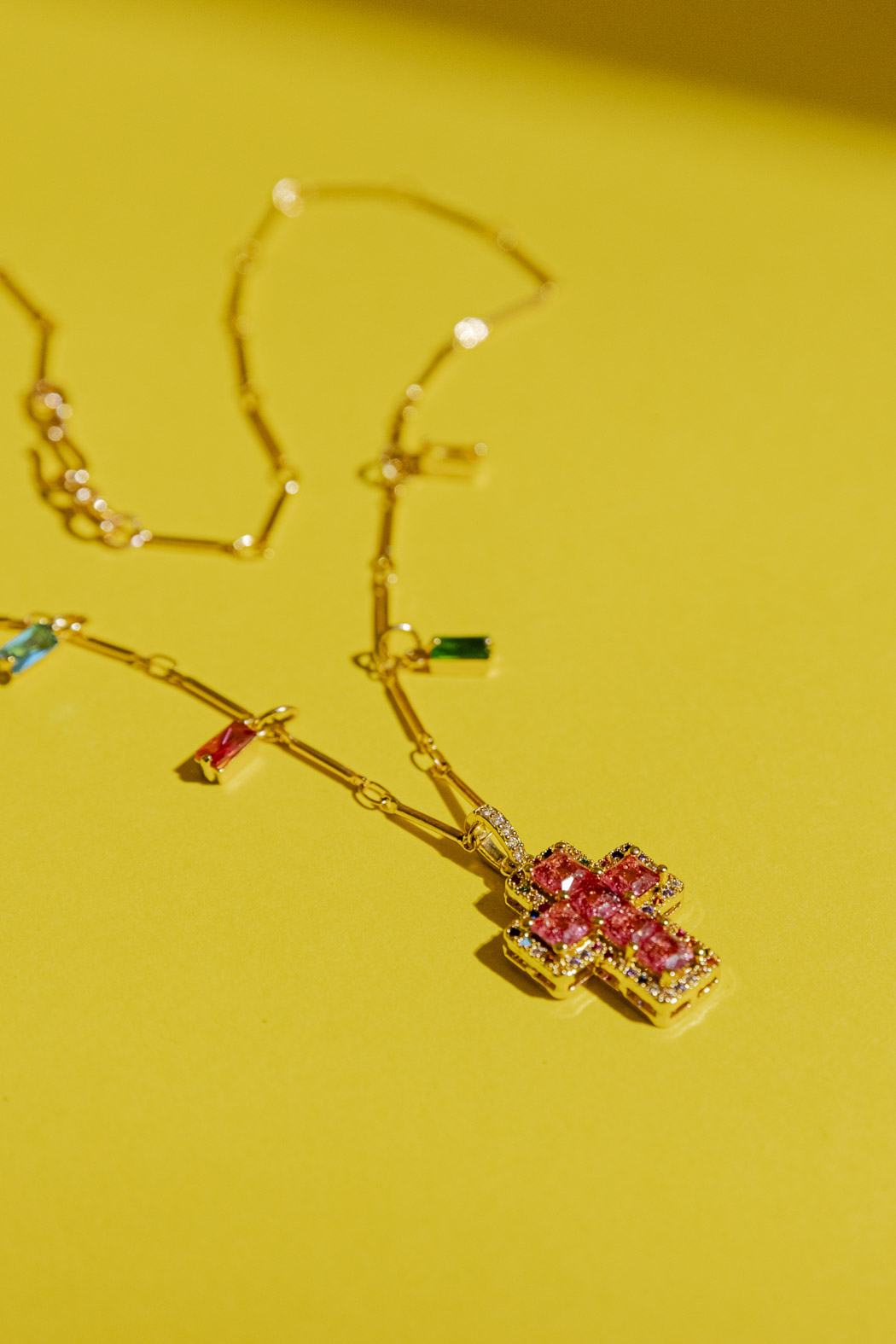 Gold Mini Cross Necklace - Red