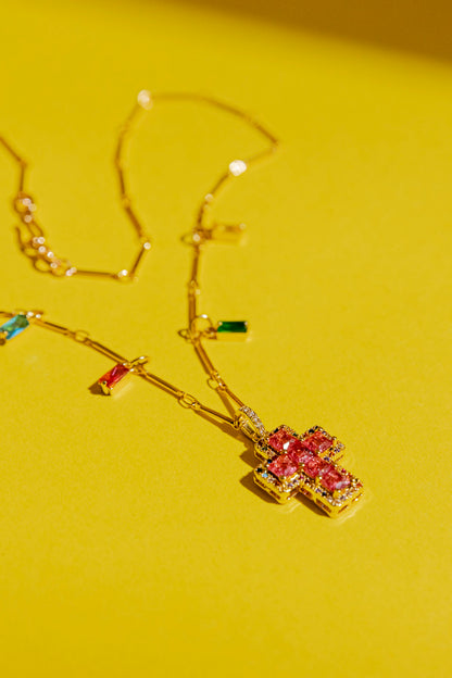 Gold Mini Cross Necklace - Red