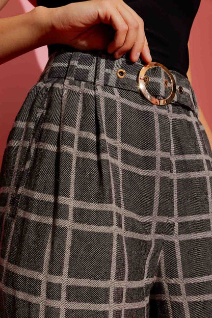 Black Check Linen Crop Cleo Pant