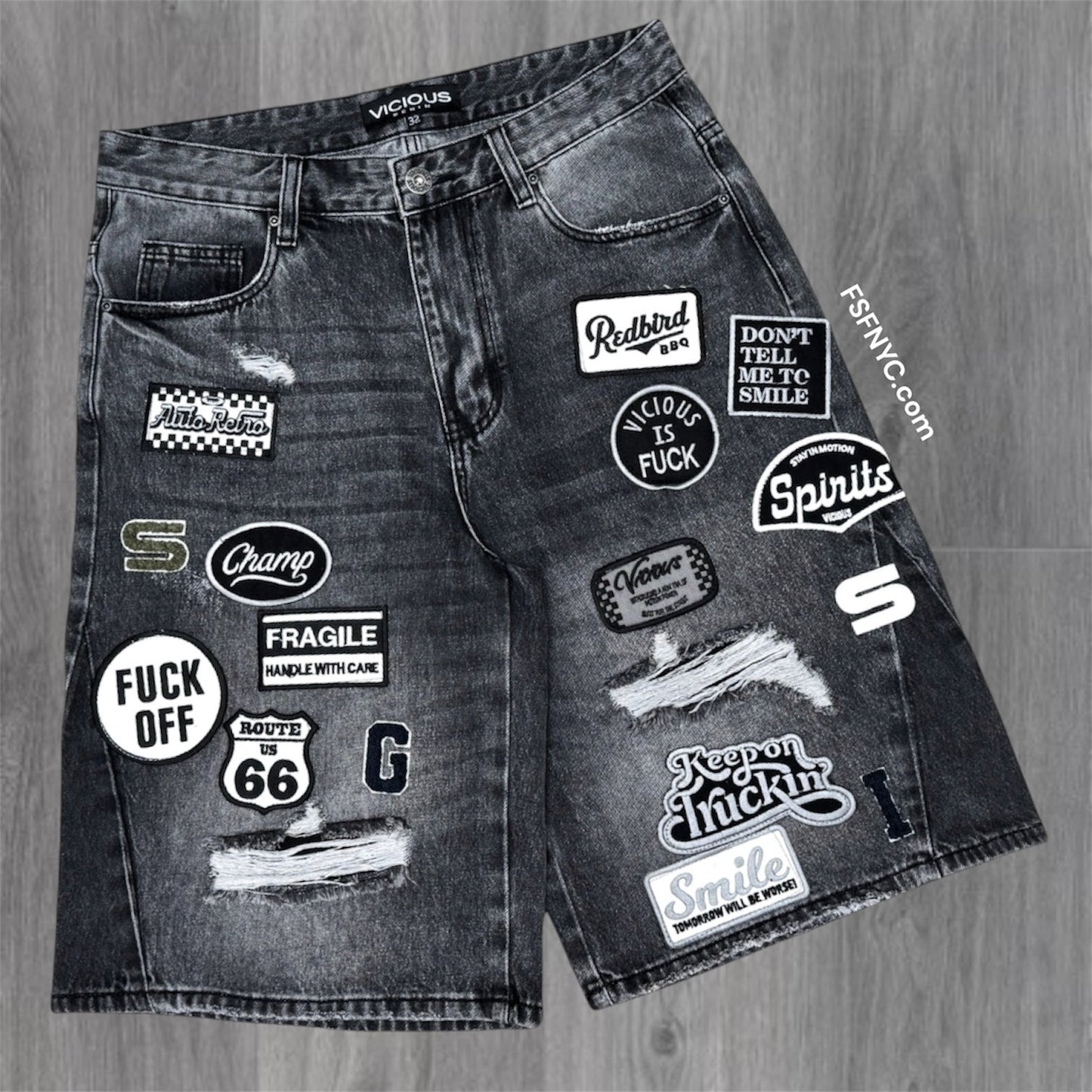 Vicious -  Patch Work Denim shorts- Black - vc1271