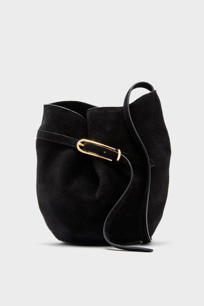 Black Suede Belted Bucket Bag