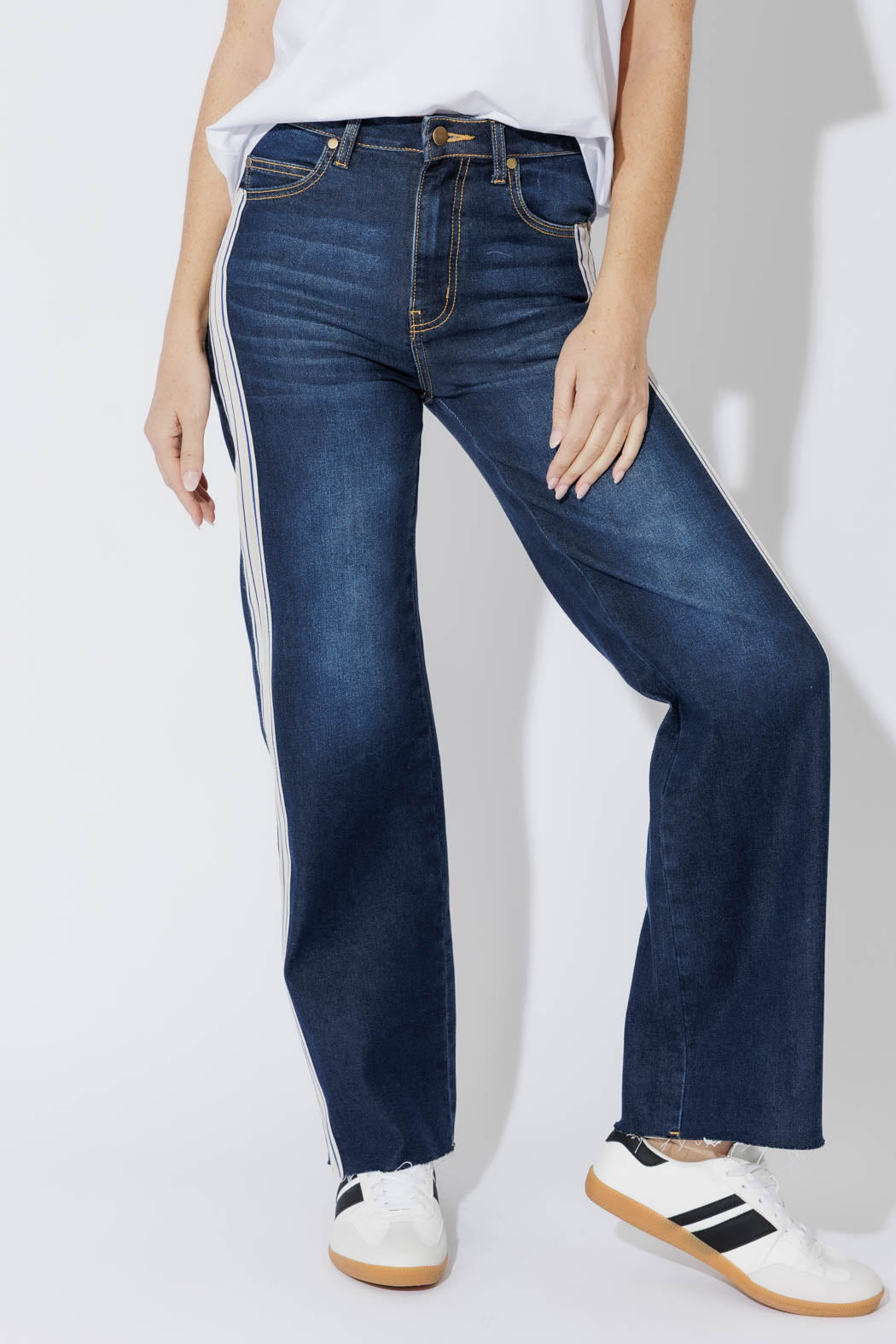 Dark Denim Stripe Wide Leg Jean