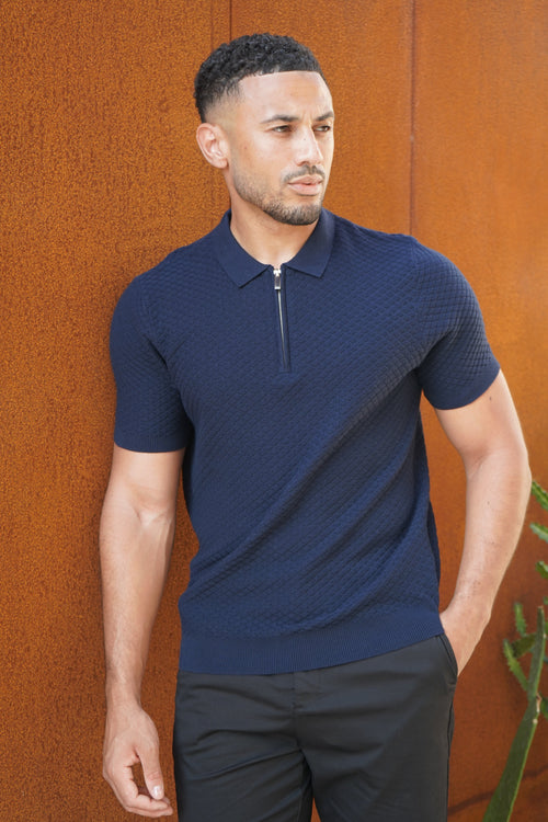 Capo Jacquard Zip Up Polo Shirt - Navy