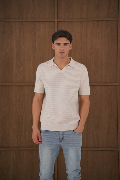 Capo Cable Twist Open Collar Polo Shirt - Stone