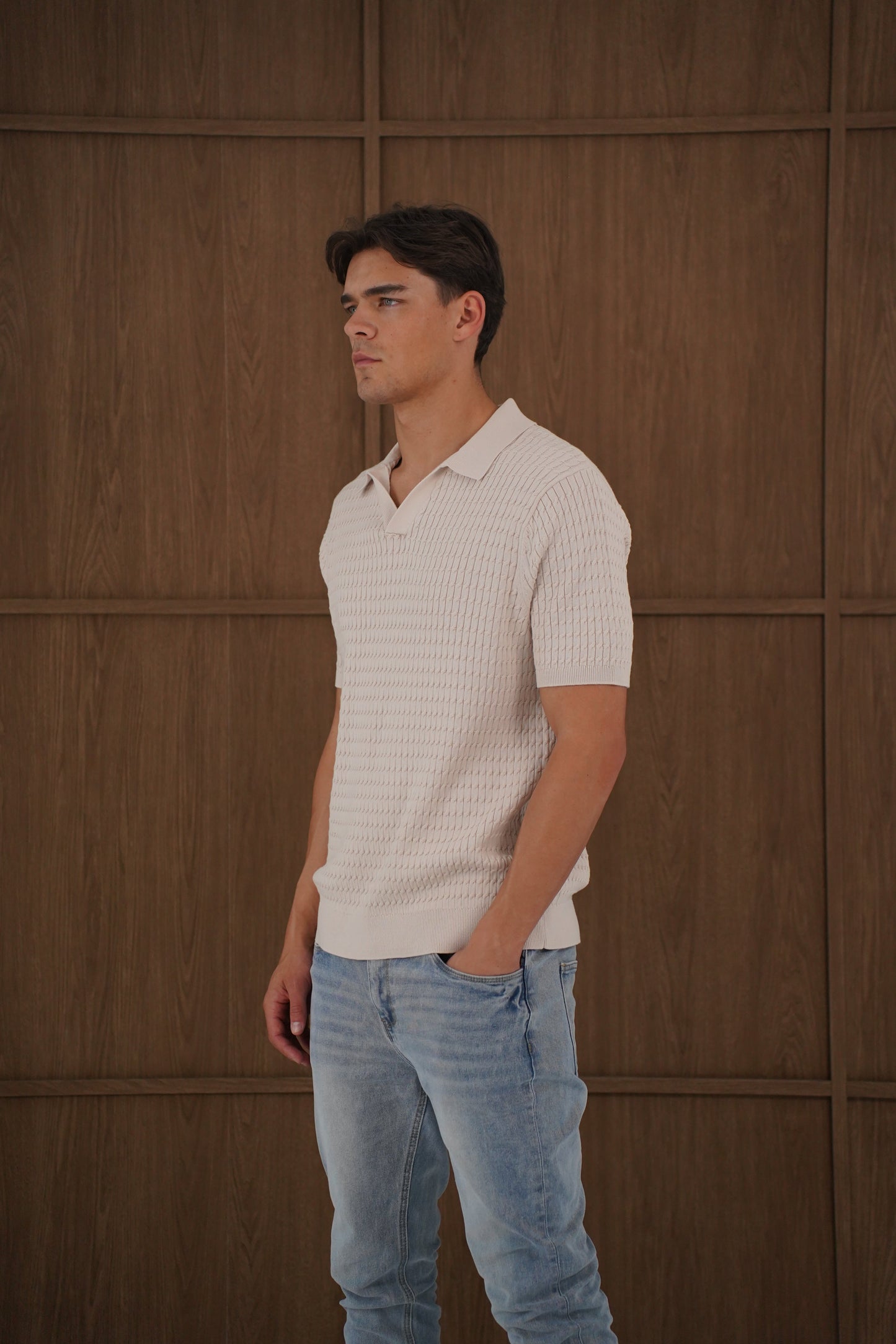 Capo Cable Twist Open Collar Polo Shirt - Stone