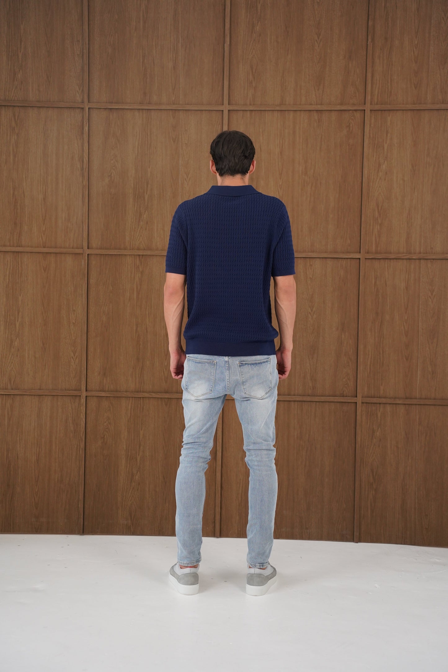 Capo Cable Twist Open Collar Polo Shirt - Navy