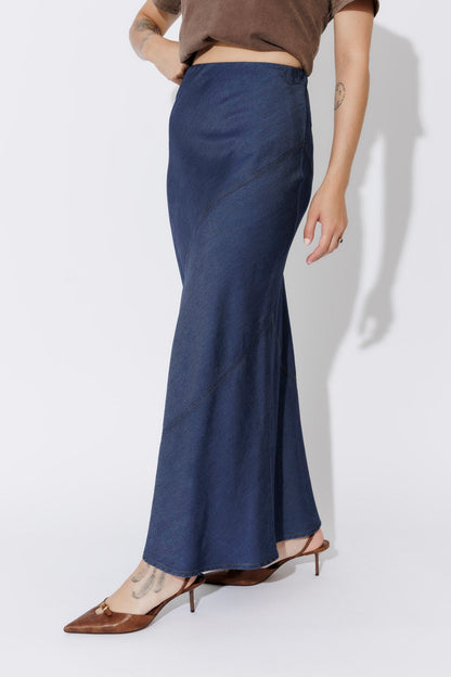 Dark Denim Tencel Bias Skirt