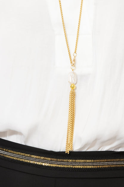 Gold Pearl Tassel Necklace