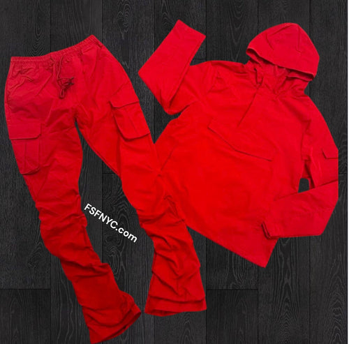 Rebel - NYLON Stacked & Anorak Pullover Jacket - SET - RED  - 522422 zi