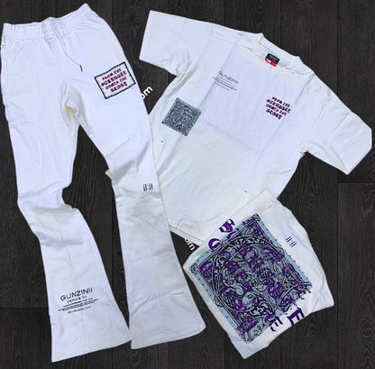 Gunzini - Stacked Sweat Pants  - Off White/Purple - Gz682