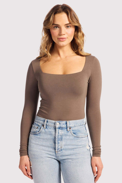 Cotton Stretch Long Sleeve Square Neck Bodysuit