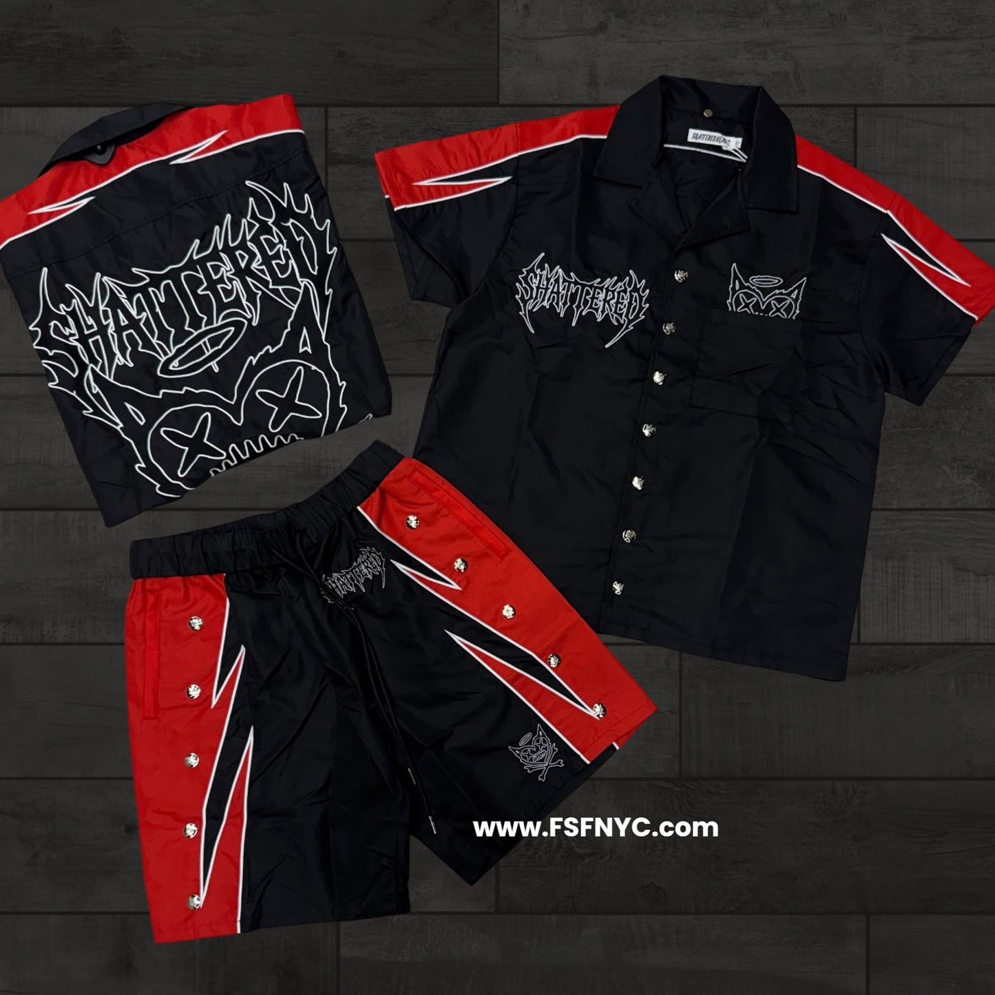 Shattered-  Nylon Short Set - Red Black