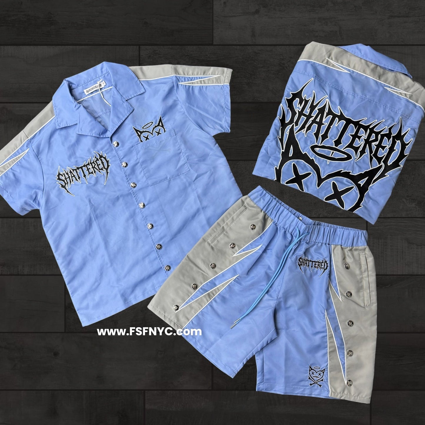 Shattered-  Nylon Short Set - Sky Blue / Grey -
