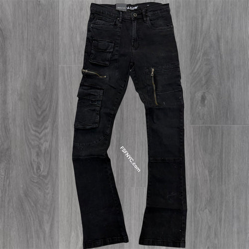 L - Stacked utility Pants - Washed Black-  7095