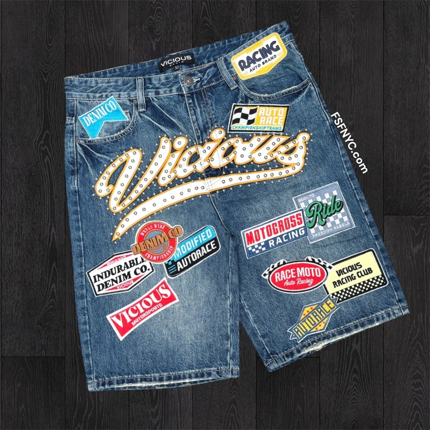 Vicious -  Moto Race Denim shorts- Dk Indigo - Vc1202