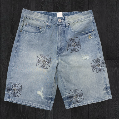 Rebel - Rhinestone  Denim Shorts  - L blue -992