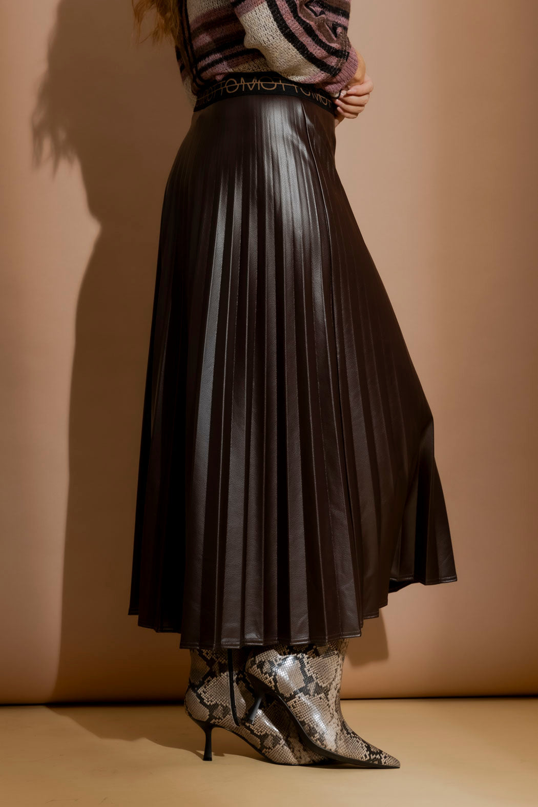 Coffee Croc Coated Pleat Skirt