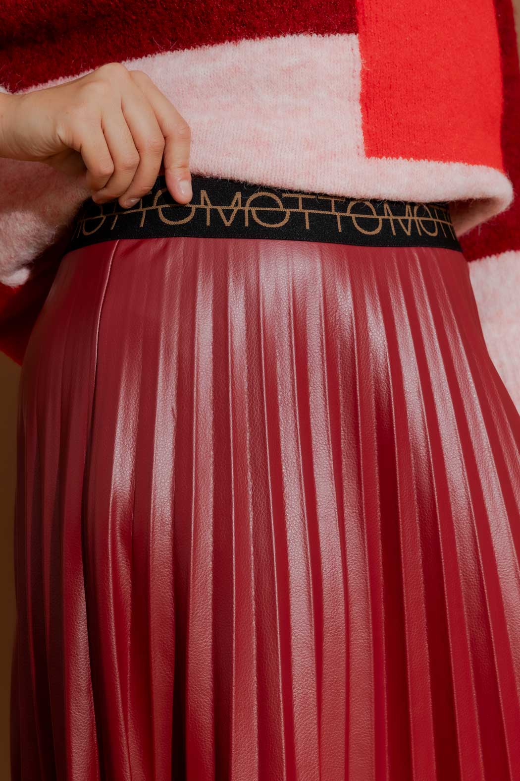 Deep Red Croc Coated Pleat Skirt Deep Red