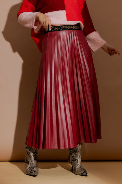 Deep Red Croc Coated Pleat Skirt Deep Red