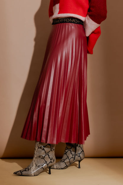 Deep Red Croc Coated Pleat Skirt Deep Red