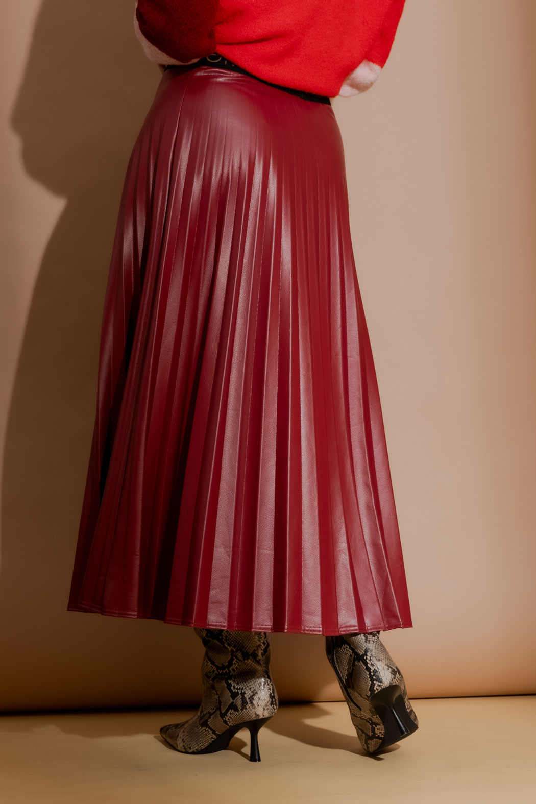 Deep Red Croc Coated Pleat Skirt Deep Red