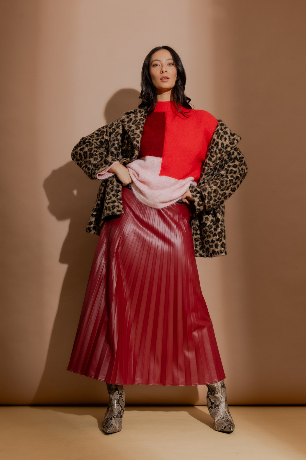 Deep Red Croc Coated Pleat Skirt Deep Red