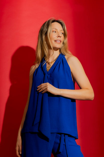 Cobalt Ripple Tie Neck Top