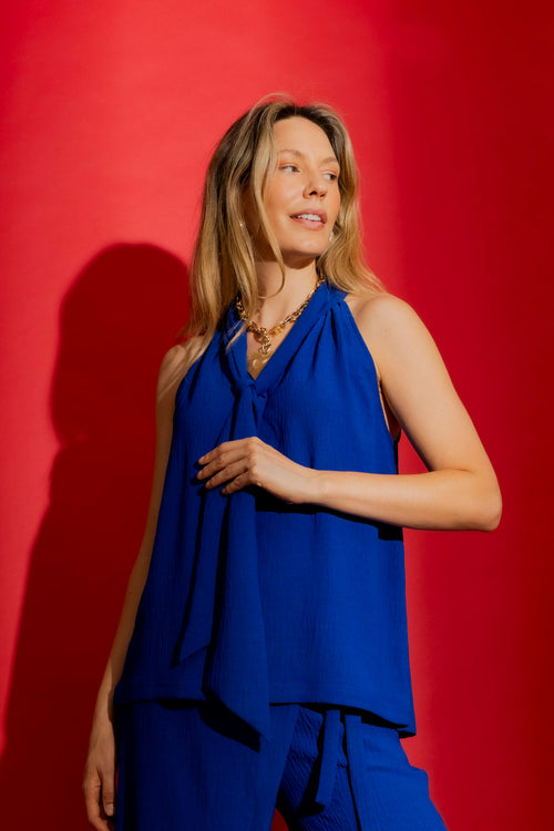 Cobalt Ripple Tie Neck Top