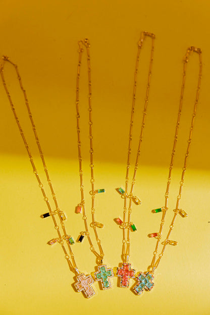 Gold Mini Cross Necklace - Pink