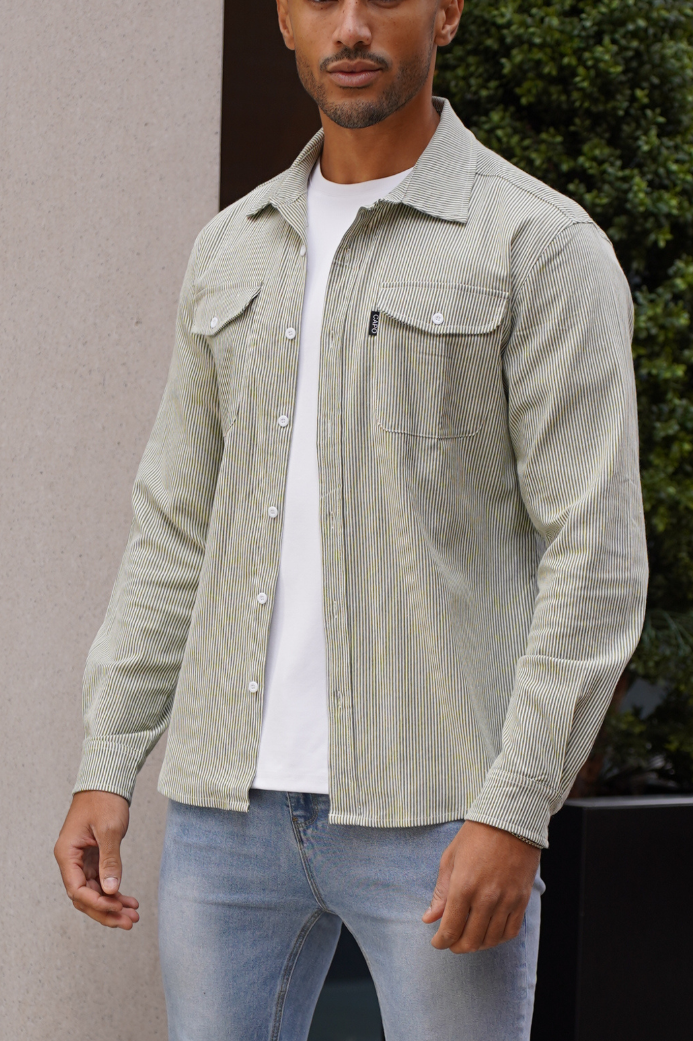 Capo LINEN LINED OVERSHIRT - Olive/White