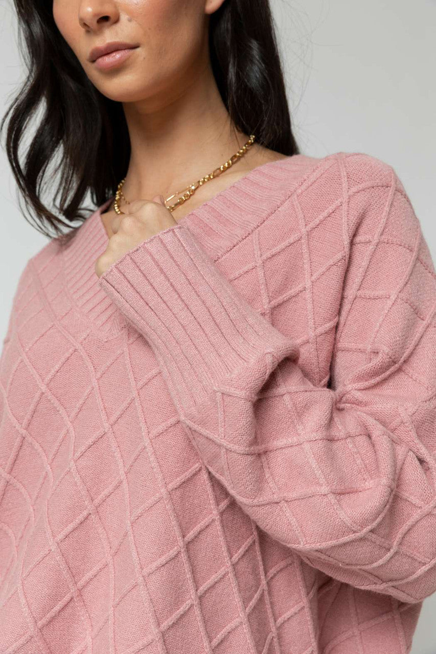 Dusty Pink Diamond V Neck Jumper