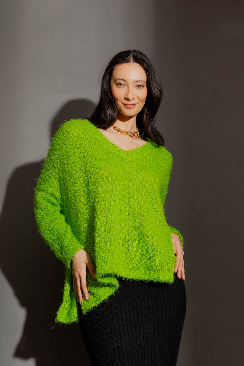 Chartreuse Fluffy V Neck Jumper