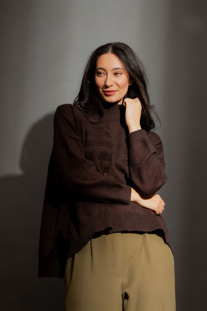 Chocolate Mock Neck Drop Shoulder Knit Chocolate S