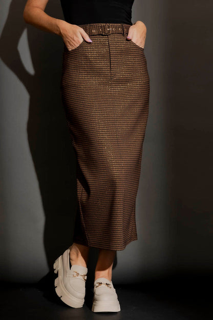 Chocolate Lurex Belted Midi Skirt
